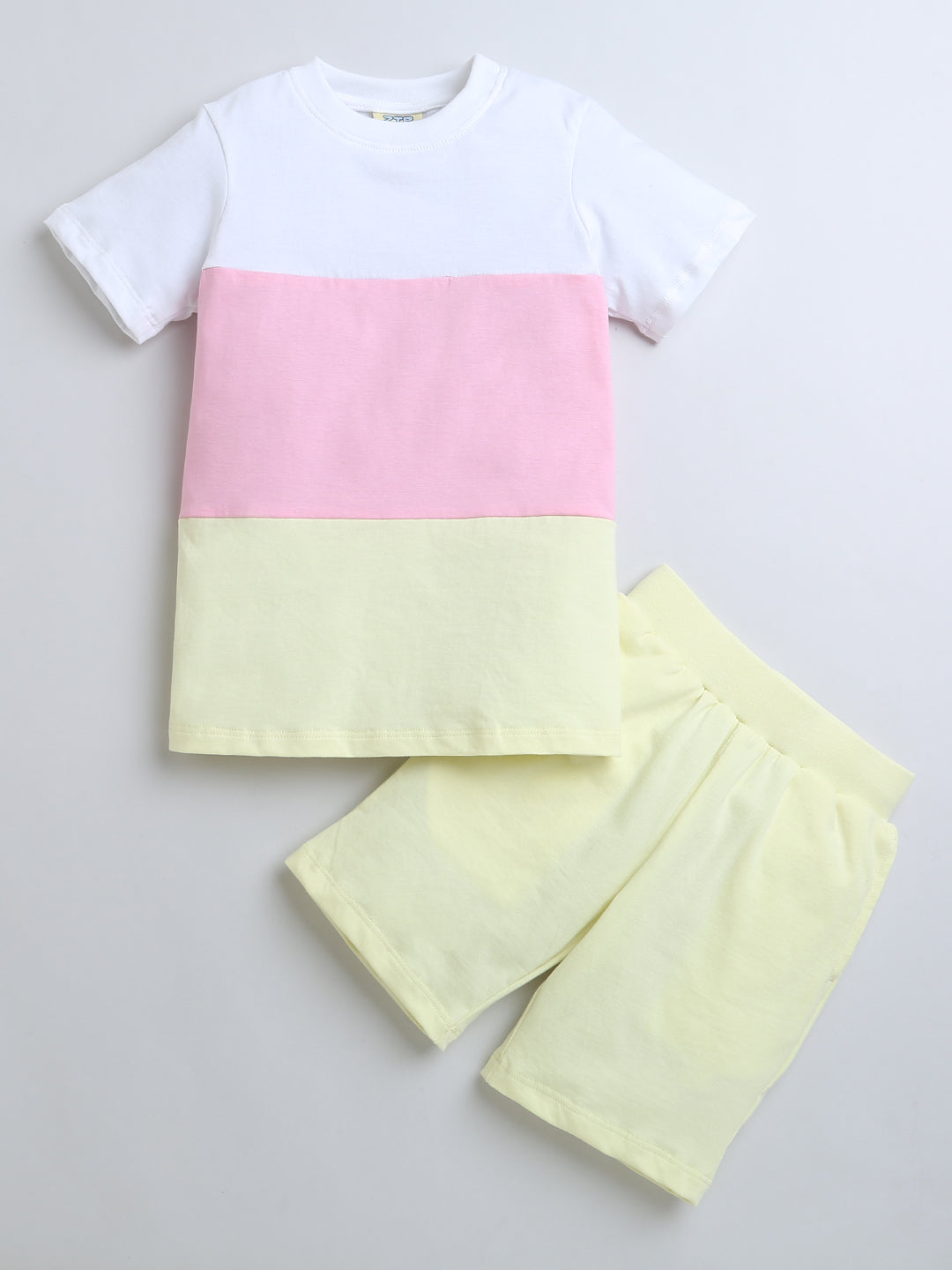 Yellow Pink White Color Block Half Sleeve T-shirt & Shorts Boys Co-ord Set