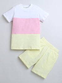 Yellow Pink White Color Block Half Sleeve T-shirt & Shorts Boys Co-ord Set