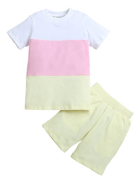 Yellow Pink White Color Block Half Sleeve T-shirt & Shorts Boys Co-ord Set