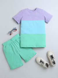 Green Blue Purple Color Block Half Sleeve T-shirt & Shorts Boys Co-ord Set