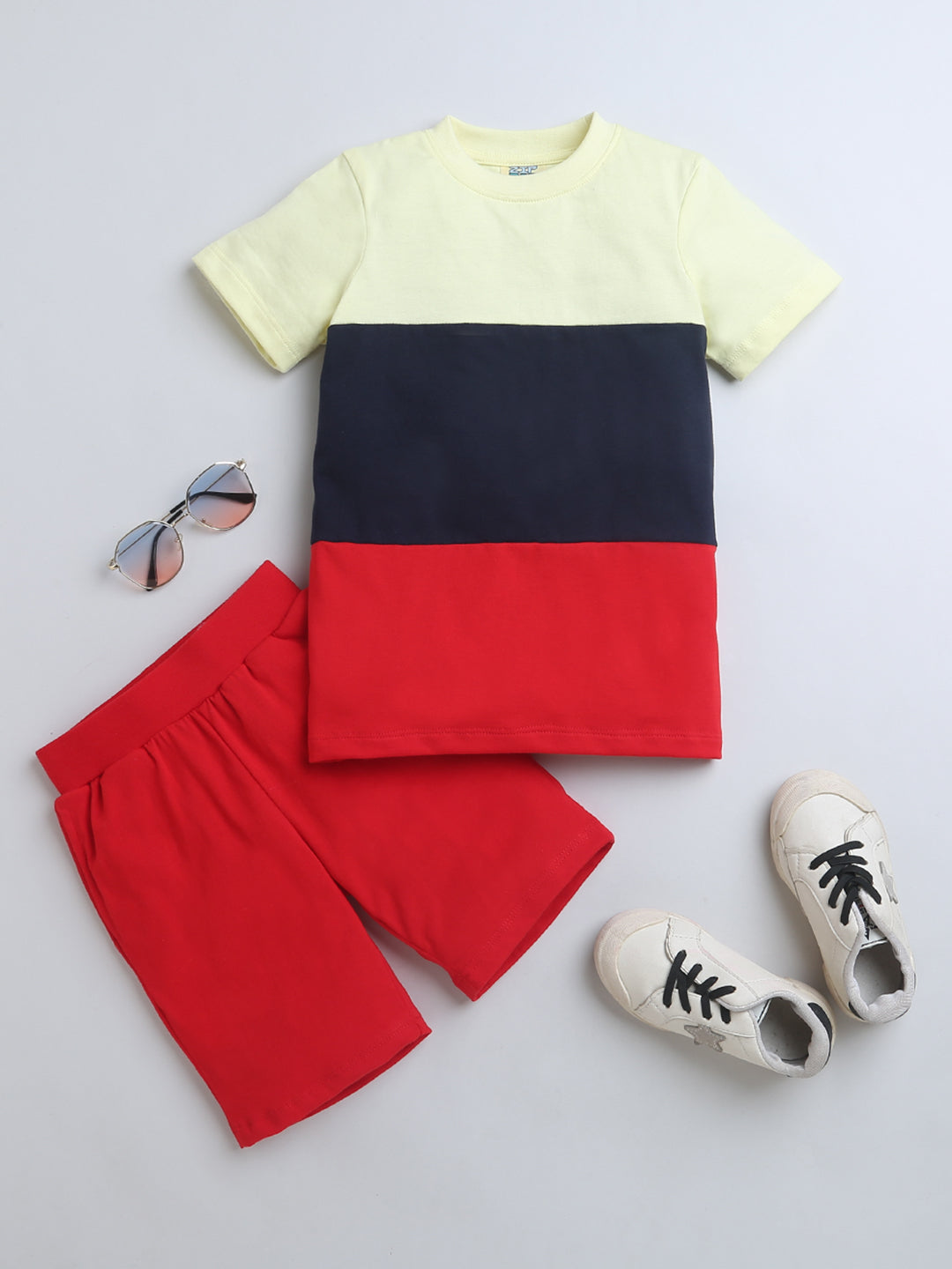 Red Black Yellow Color Block Half Sleeve T-shirt & Shorts Boys Co-ord Set