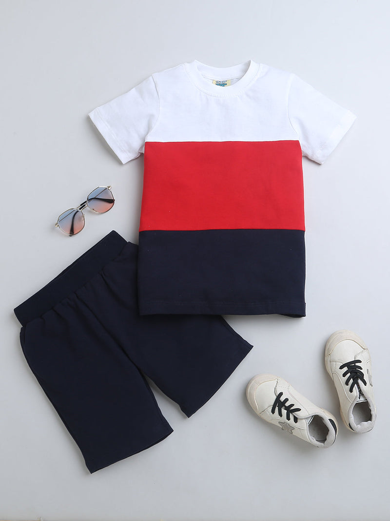 Blue Red White Color Block Half Sleeve T-shirt & Shorts Co-ord Set