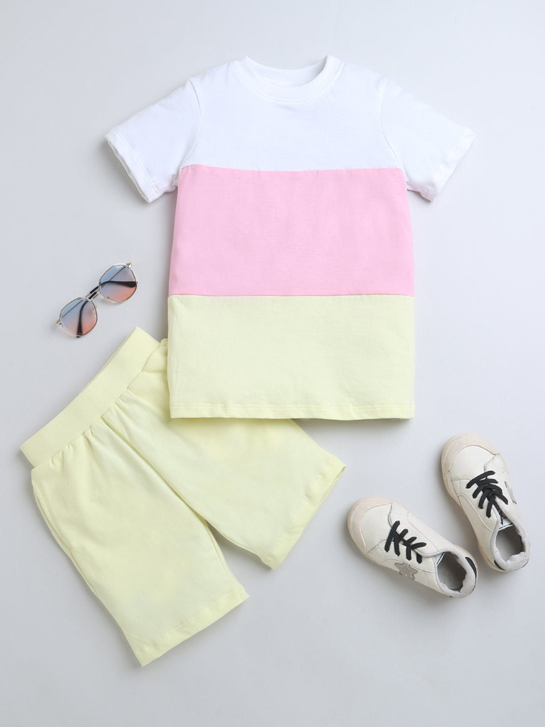 Yellow Pink White Color Block Half Sleeve T-shirt & Shorts Boys Co-ord Set