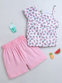 Pink Strawberry Print one Sleeve Top & Shorts