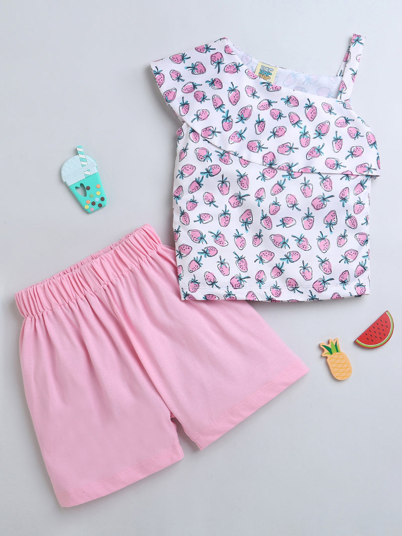 Pink Strawberry Print one Sleeve Top & Shorts