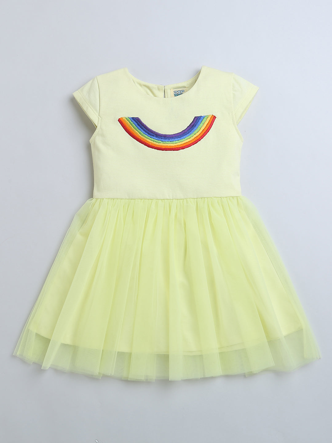 Yellow Rainbow Print Mesh Bottom Girl Dress