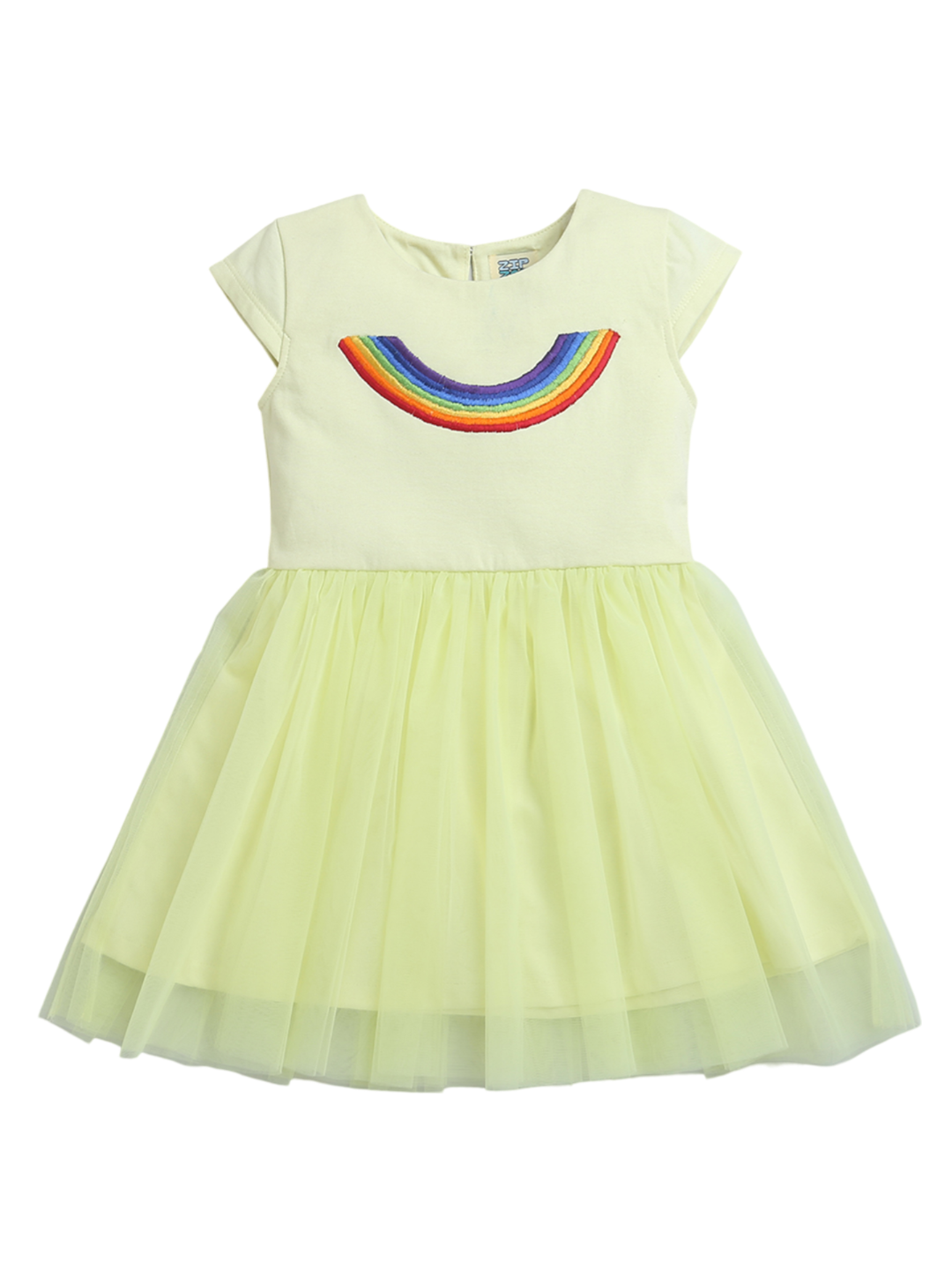 Yellow Rainbow Print Mesh Bottom Baby Girl Dress