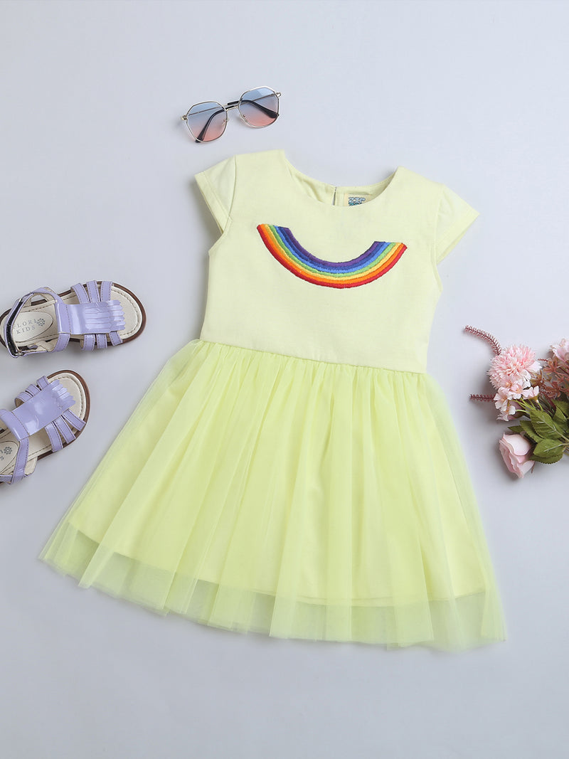 Yellow Rainbow Print Mesh Bottom Baby Girl Dress