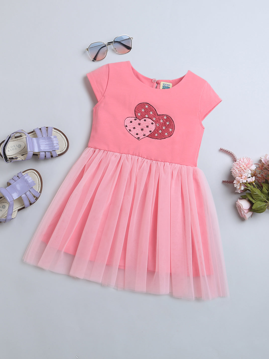 Pink Short Sleeve Dress with Red Heart Print