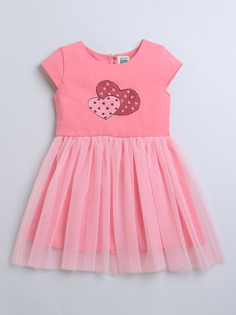 Pink Short Sleeve Dress with Red Heart Print