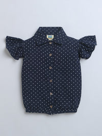 Navy Blue with White Polka Dots Frill Sleeve Top / Shirt