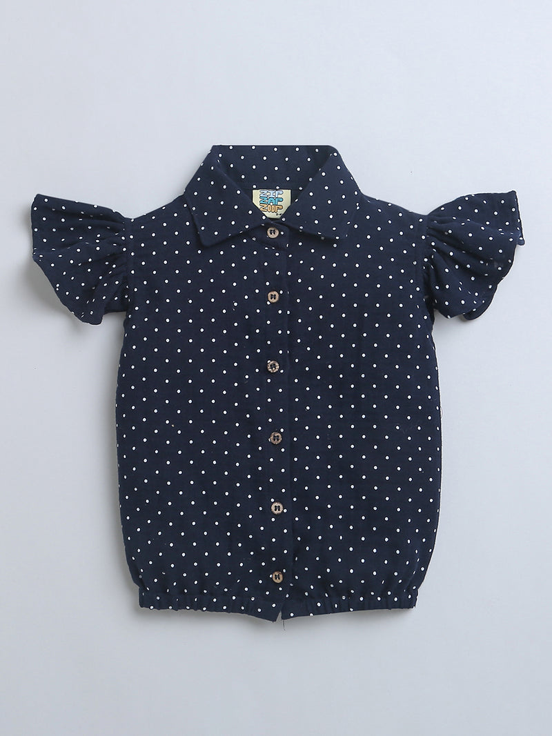 Navy Blue with White Polka Dots Frill Sleeve Top / Shirt