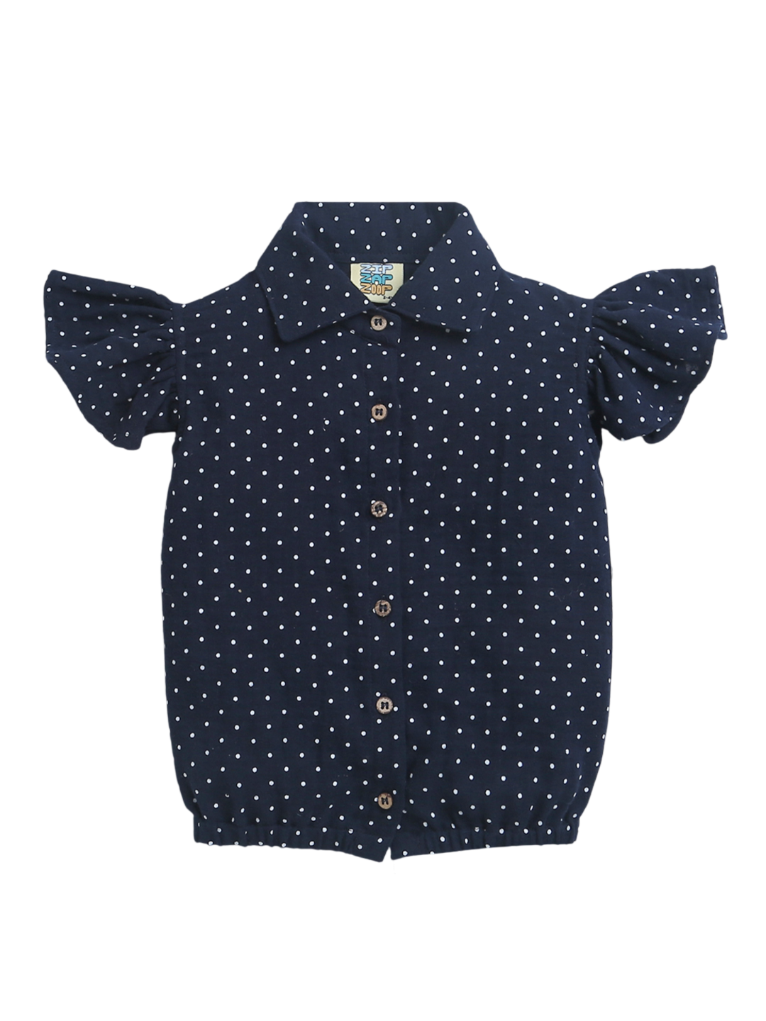 Navy Blue with White Polka Dots Frill Sleeve Top / Shirt