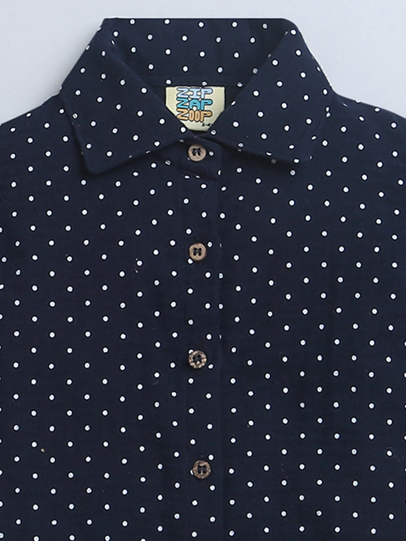 Navy Blue with White Polka Dots Frill Sleeve Top / Shirt