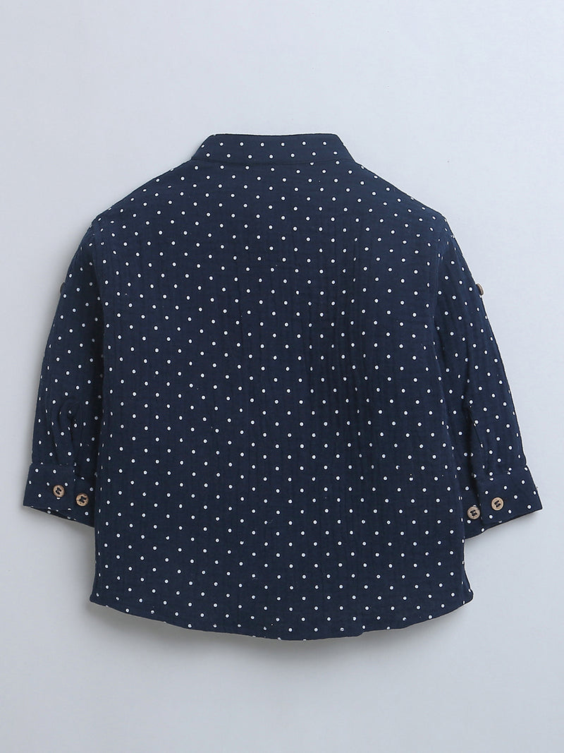 Navy Blue with White Polka Full Sleeve Shirt & Short Pant Co-ord Set