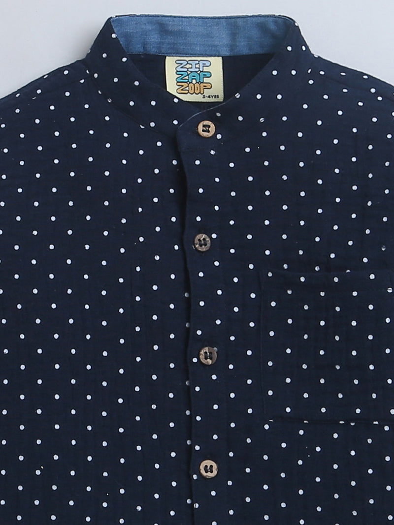 Navy Blue with White Polka Double Cloth Boys Shirt