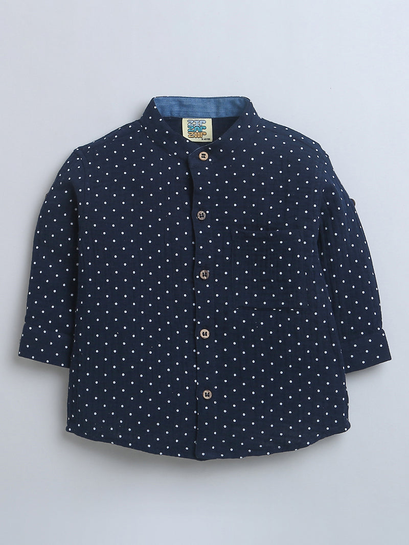 Navy Blue with White Polka Full Sleeve Shirt & Short Pant Co-ord Set