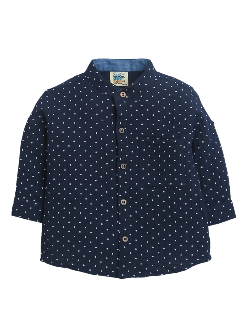 Navy Blue with White Polka Double Cloth Boys Shirt