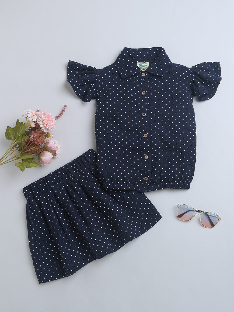 Navy Blue with White Polka Dots Frill Sleeve Top & Skirt Co-ord Set