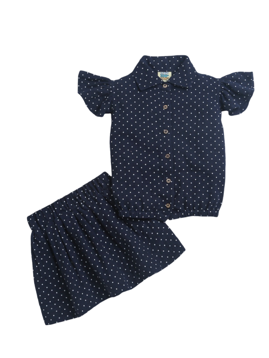 Navy Blue with White Polka Dots Frill Sleeve Top & Skirt Co-ord Set