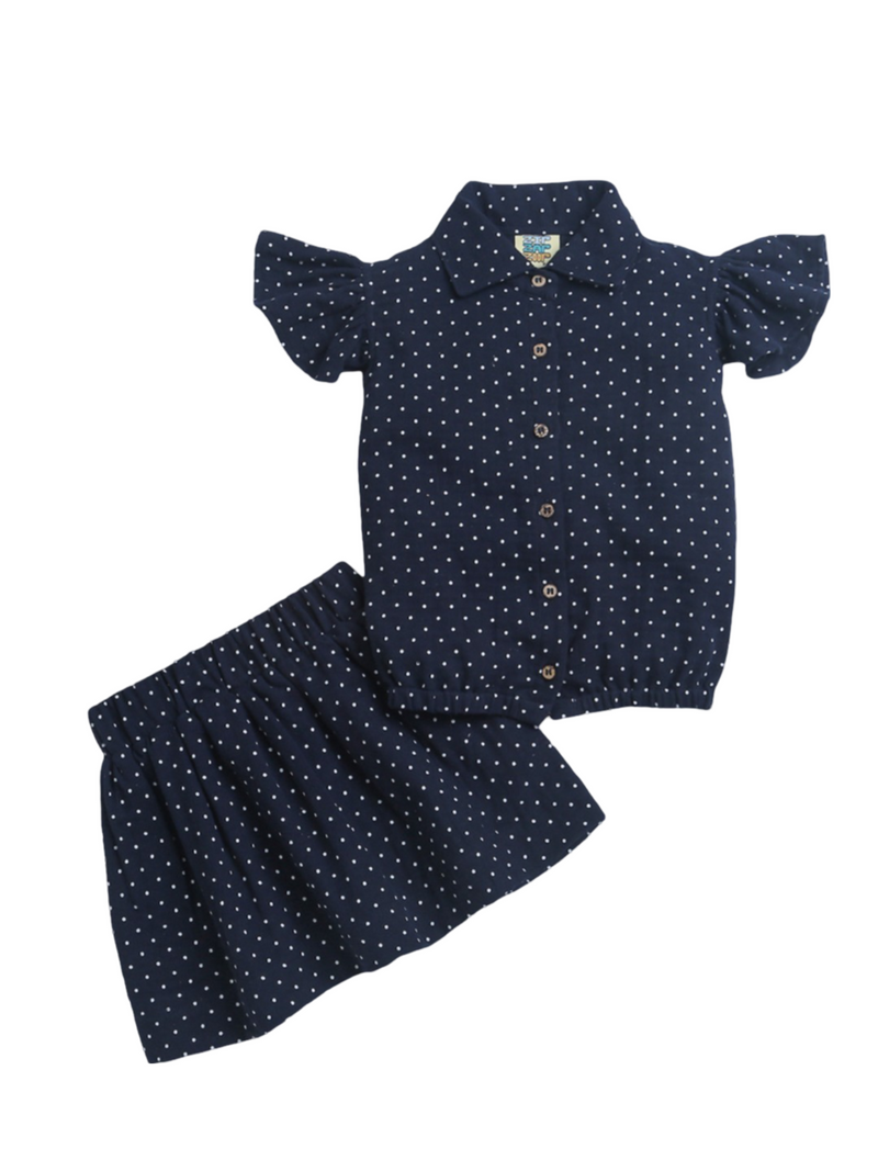 Navy Blue with White Polka Dots Frill Sleeve Top & Skirt Co-ord Set