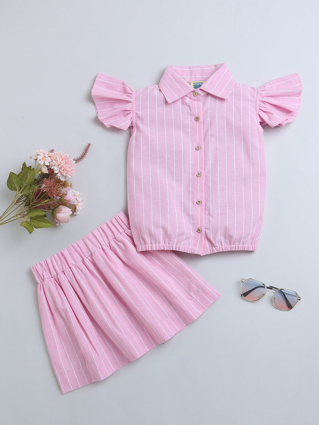 Pink Frill Sleeve Strips Top & Skirt Co-ord Set