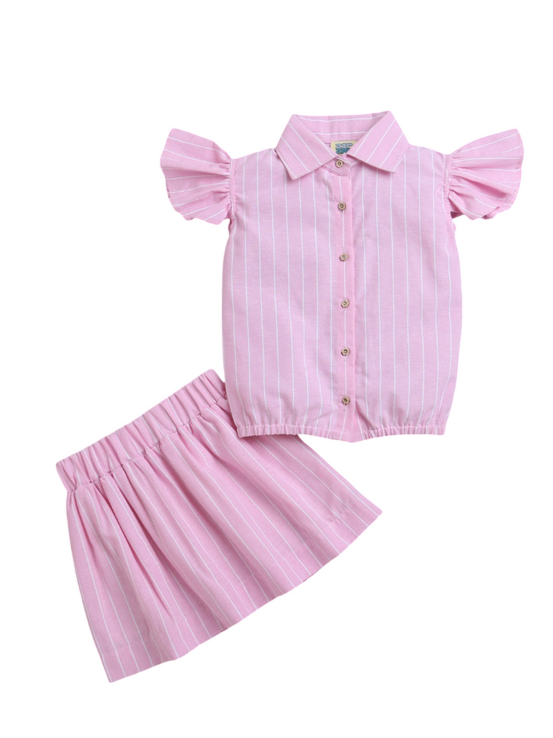 Pink Frill Sleeve Strips Top & Skirt Co-ord Set