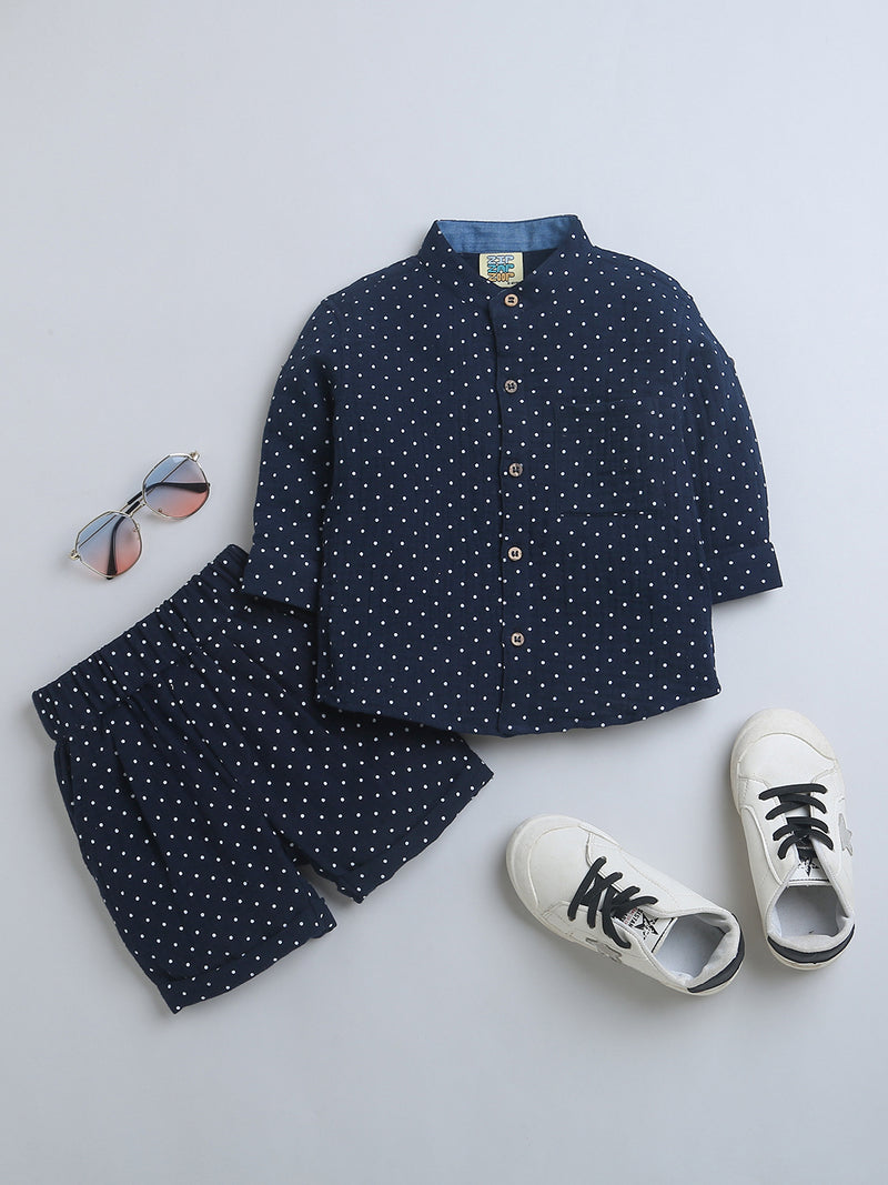 Navy Blue with White Polka Full Sleeve Shirt & Short Pant Co-ord Set