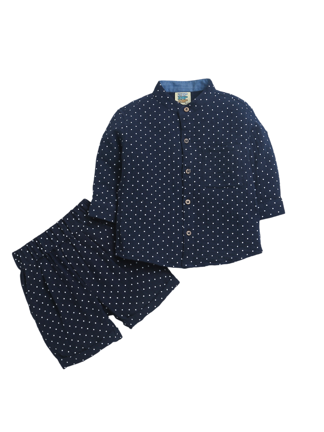 Navy Blue with White Polka Full Sleeve Shirt & Short Pant Co-ord Set