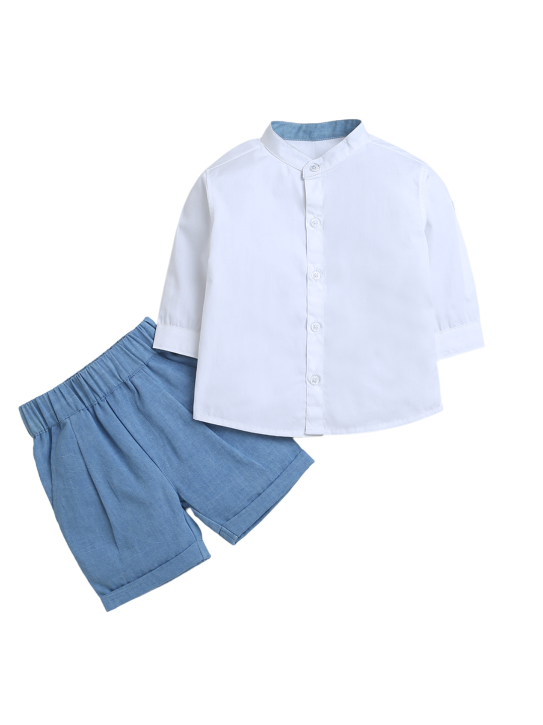 White Full Sleeve Shirt & Blue Denim Short Pant Co-ord Set