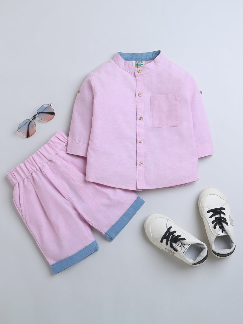 Pink With Blue Detailing Shirt & Shorts Set