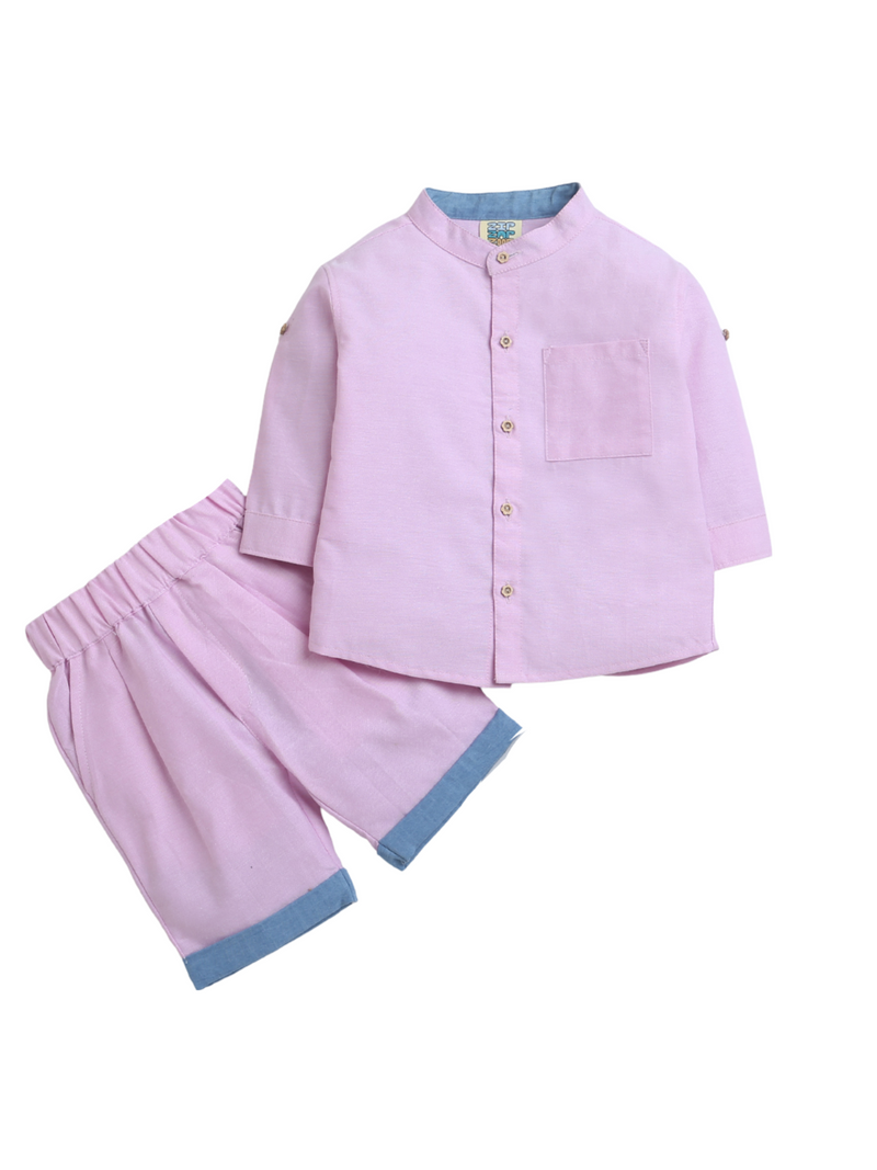 Pink With Blue Detailing Shirt & Shorts Set