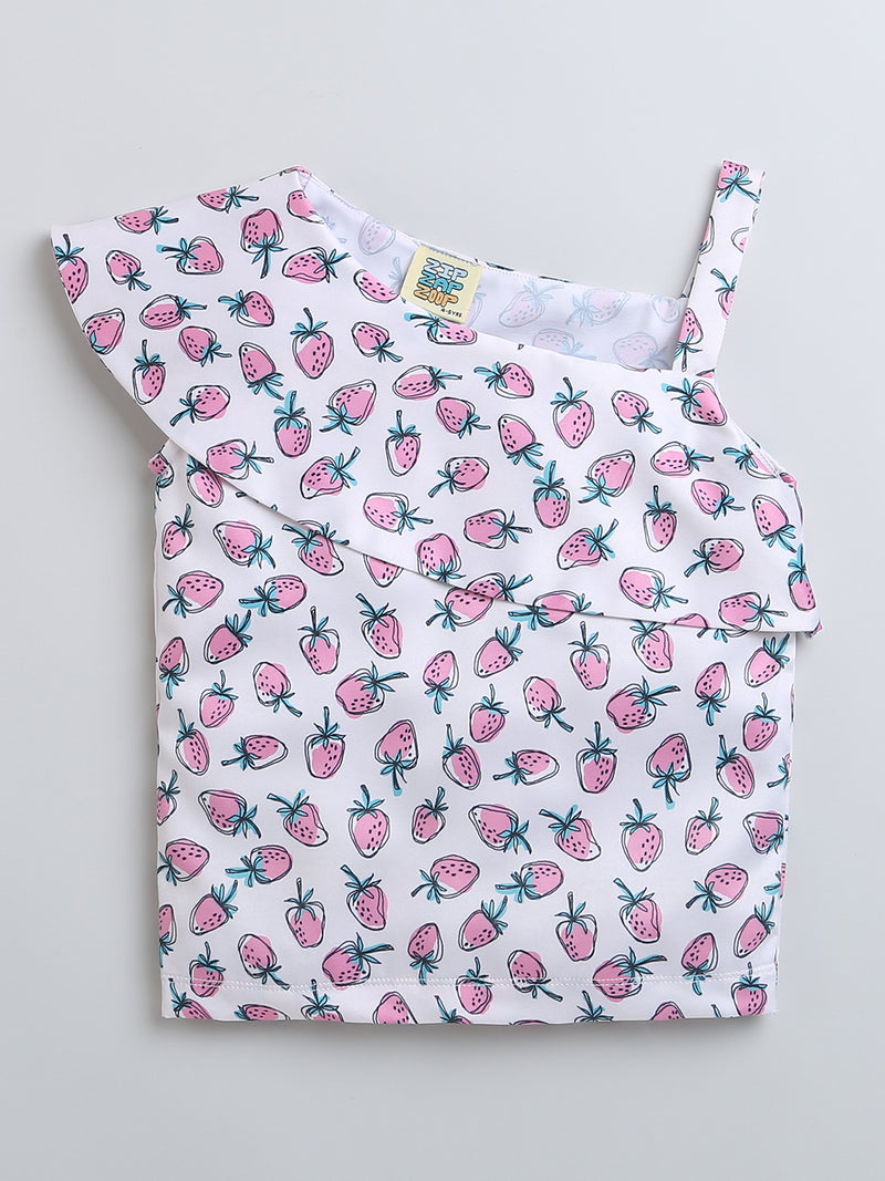 White & Pink Strawberry Print one Sleeve Girls Top