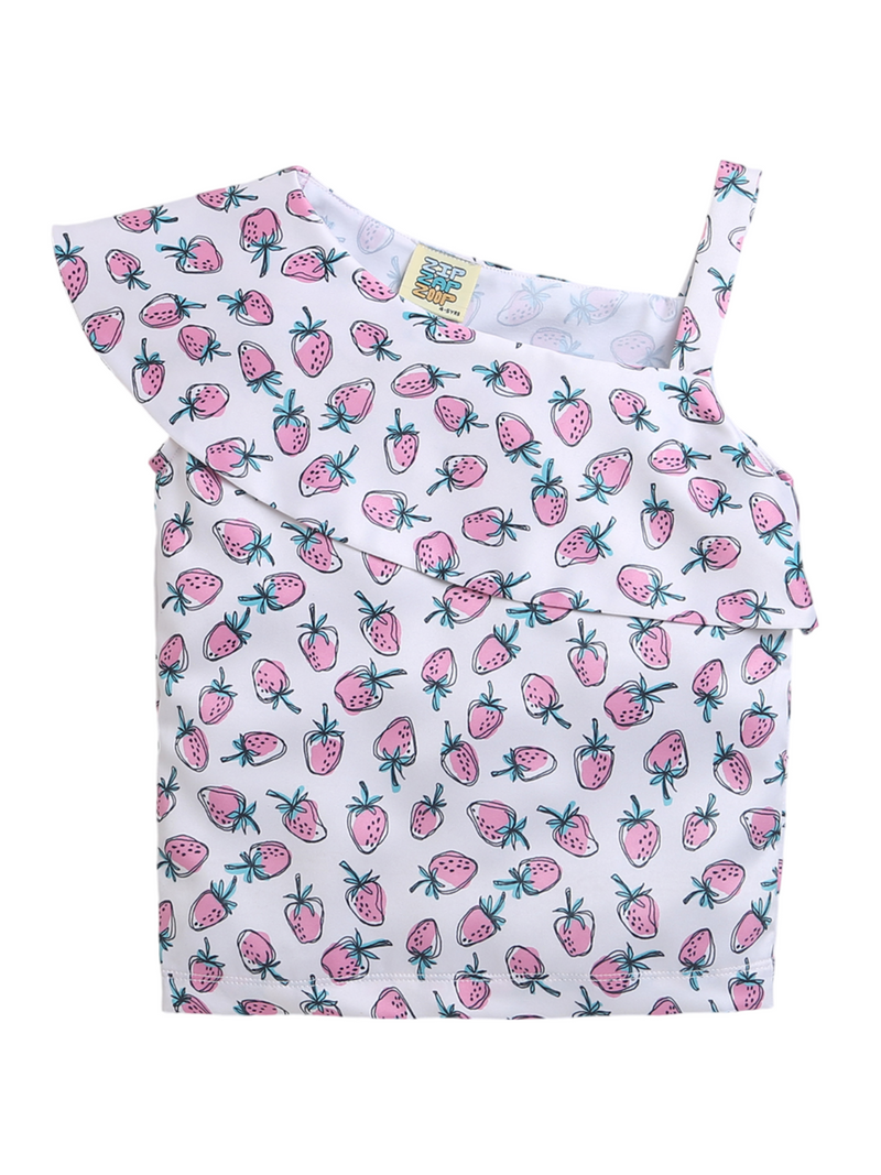 White & Pink Strawberry Print one Sleeve Girls Top