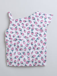 White & Pink Strawberry Print one Sleeve Girls Top