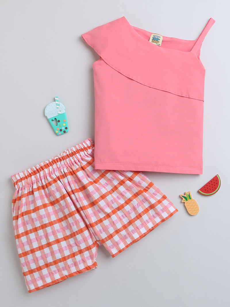 Pink Top & Check Pattern Shorts Girl Co-ord Set