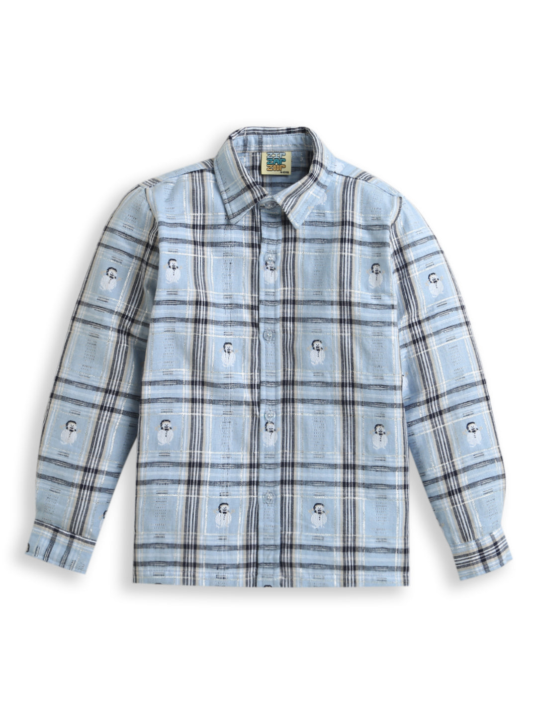 Sky Blue & Grey Snowman Checkered Cotton Full Sleeve Collar Neck Shirt