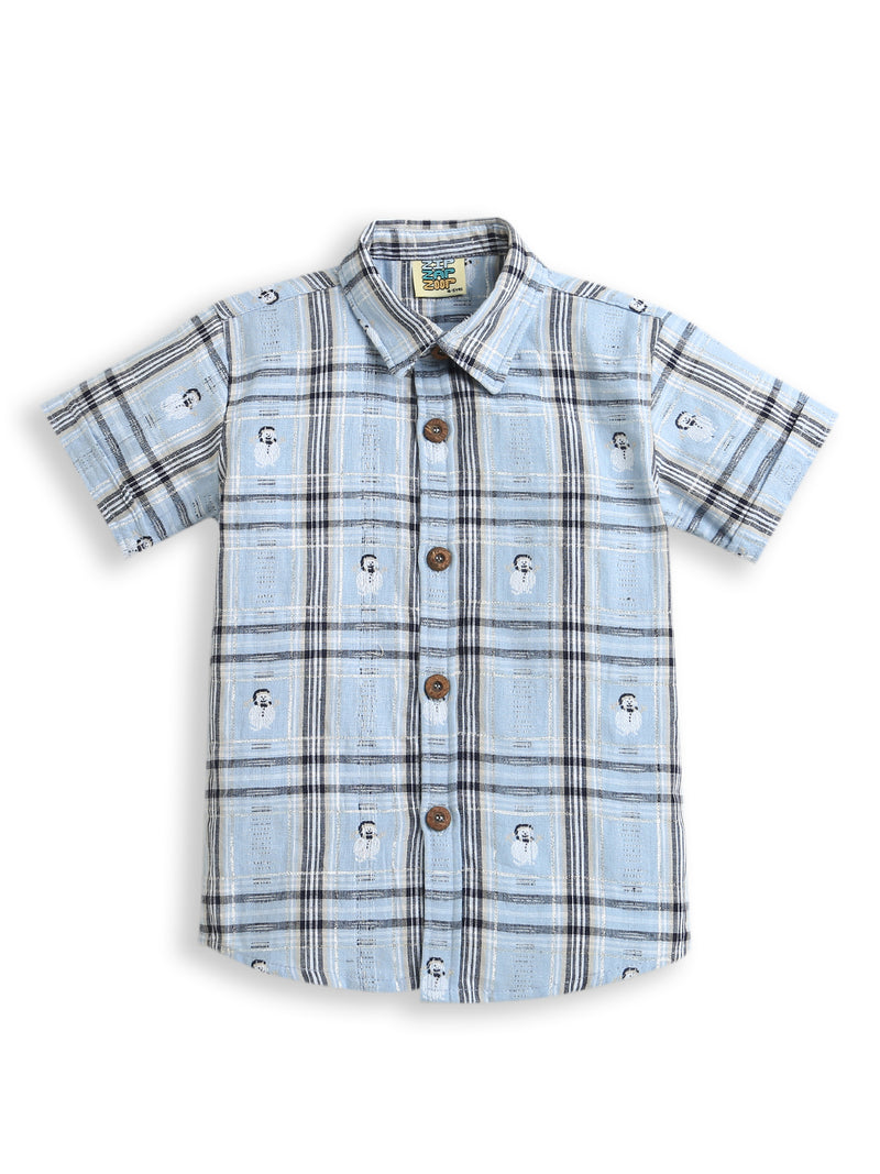 Sky Blue & Grey Check Snowman Checkered Pattern Cotton Half Sleeve Shirt