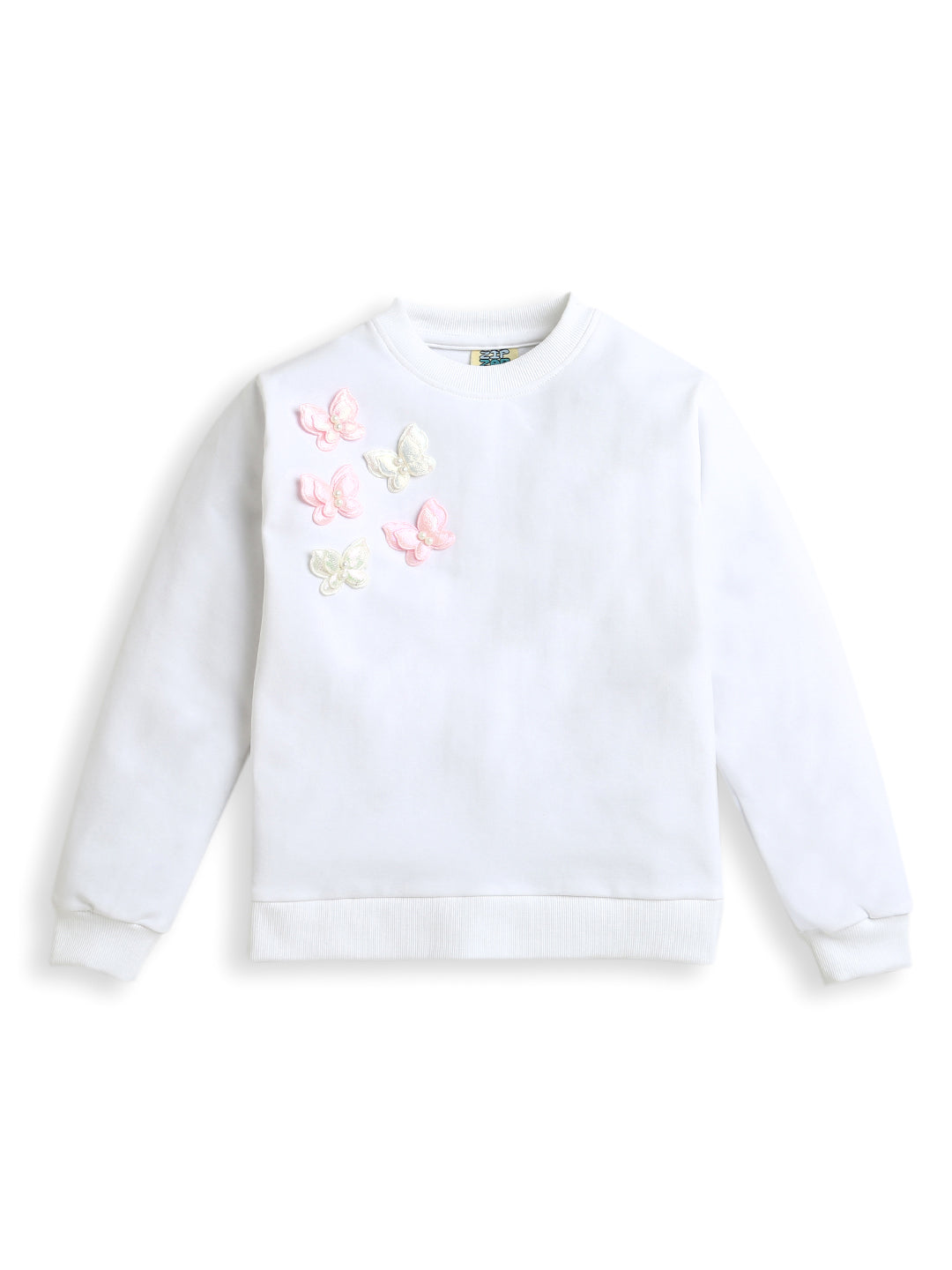 White Full Sleeve Cotton Sweatshirt with Beautiful Butterflies