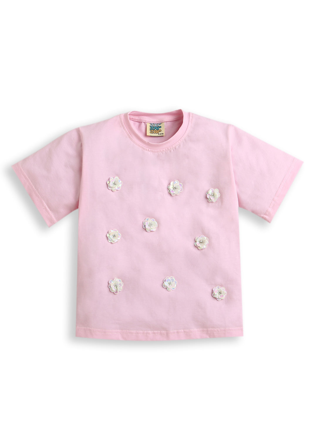 Pink Sequined Flower Half Sleeve T-shirt