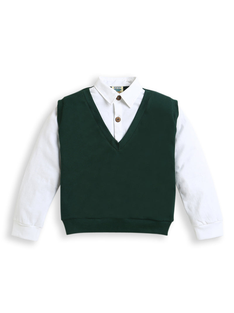 Green & White Collar Neck Full Sleeve Cotton Sweatshirt