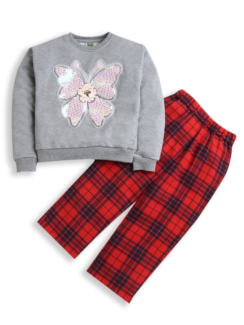 Grey Sequinned Butterfly Sweatshirt with Red Black Check Pyjama Trousers