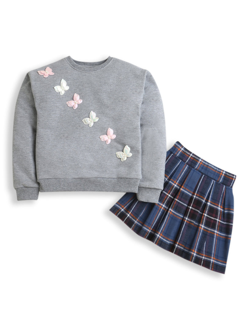 Grey Butterfly Patch Sweatshirt & Blue Checks Skirt