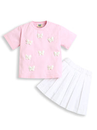 Pink Butterfly Patch Cotton T-shirt with White Flared Cotton Skirt