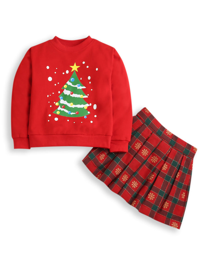 Red Magical Tree Print Cotton Sweatshirt with Red-Green Check Cotton Skirt