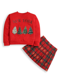 Red New York Print Cotton Sweatshirt with Red-Green Check Cotton Skirt