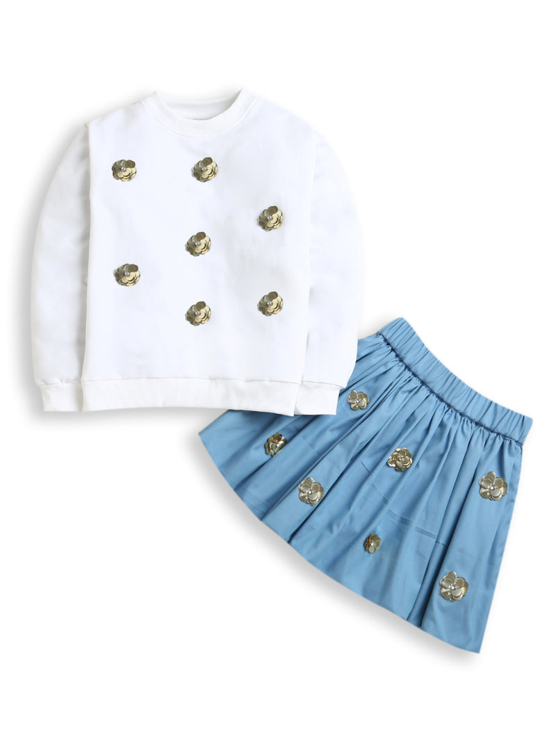 White Sequined Sweatshirt with Blue Flared Skirt