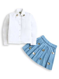 Sequin Flower White Shirt with Blue Flared Skirt