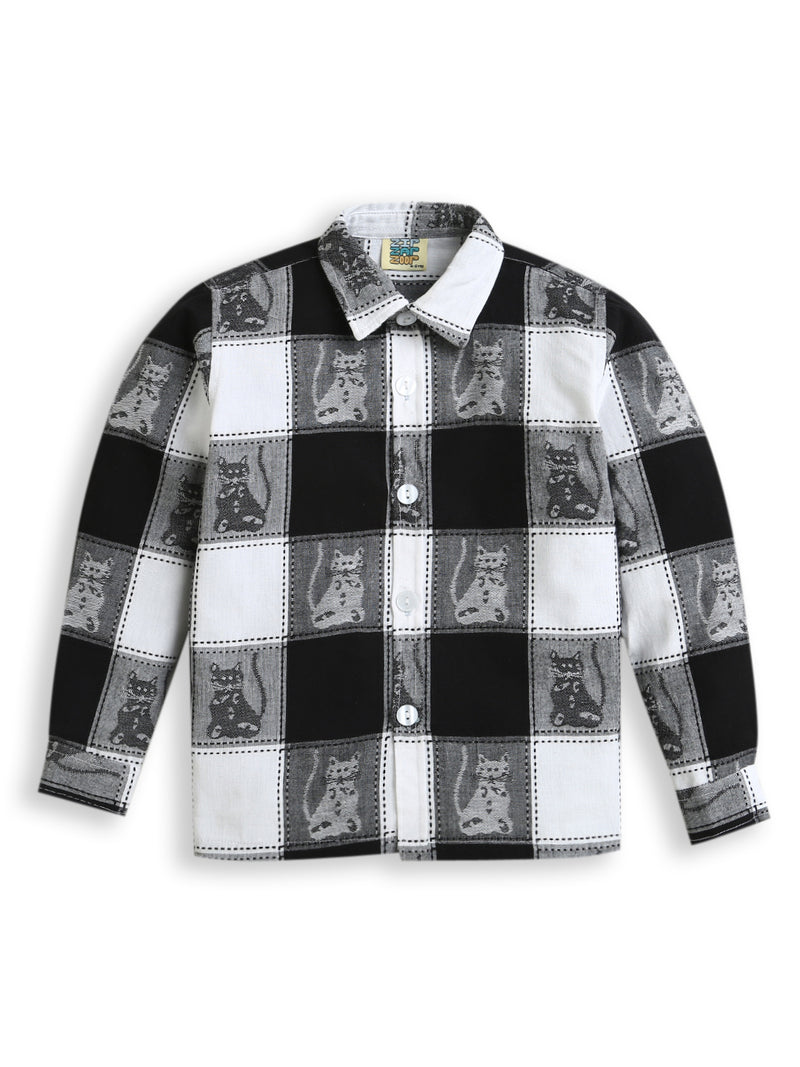 Black & White Big Checks Cat Print Collar Neck Full Sleeve Cotton Shirt