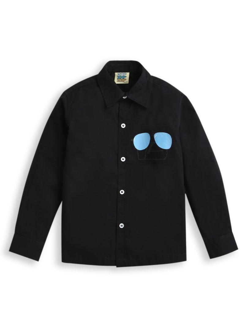 Black Shirt With Blue Sunglasses Print Full Sleeve Cotton Shirt